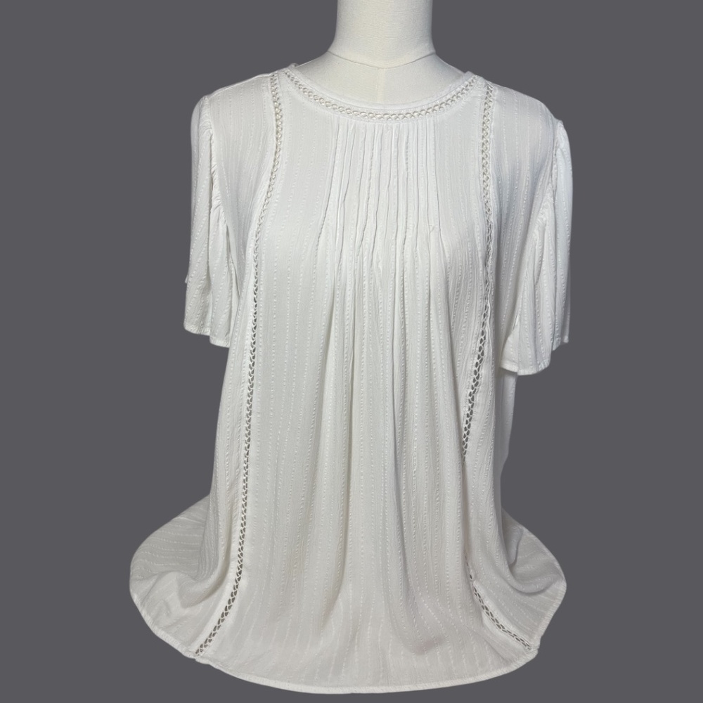 Knox Rose  Boho Lace Trim Blouse Large Textured Flutter Sleeve Top White Size L